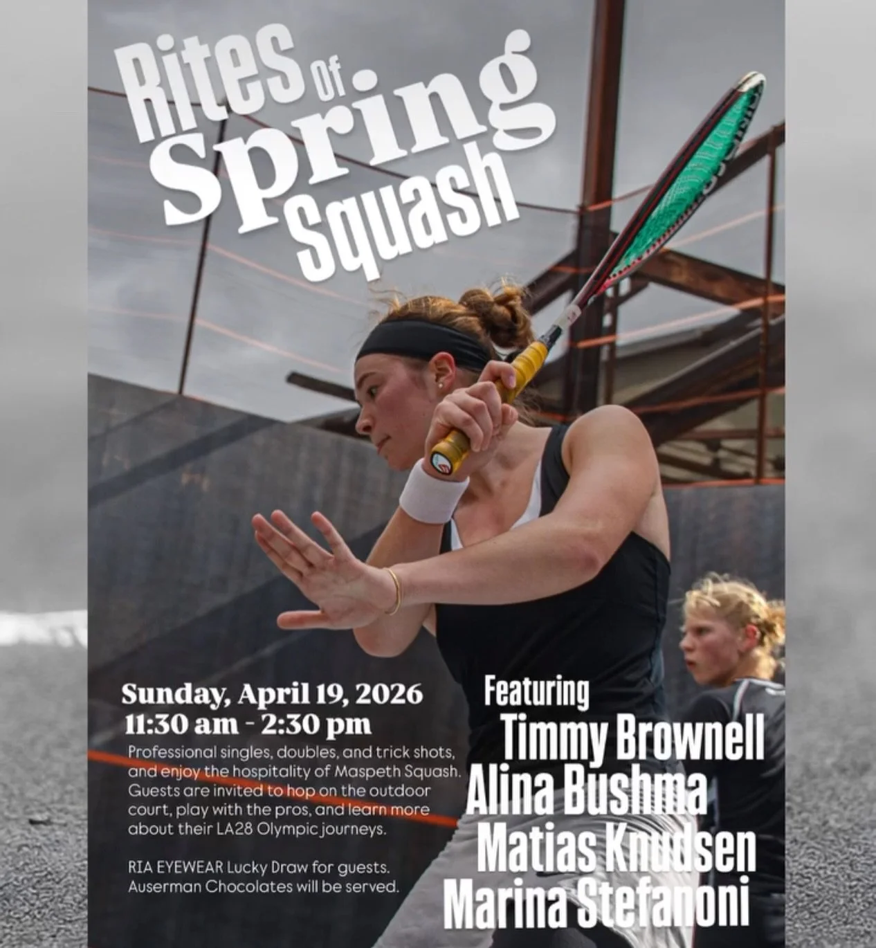 Maspeth Welding
Rites of Spring Squash
Sunday, April 19, 2026
11:30 am - 2:30 pm

Featuring:
Timmy Brownell, Alina Bushma, Matias Knudsen, Marina Stefanoni. Professional singles, doubles, and trick shots, and enjoy the hospitality of Maspeth Squash. 