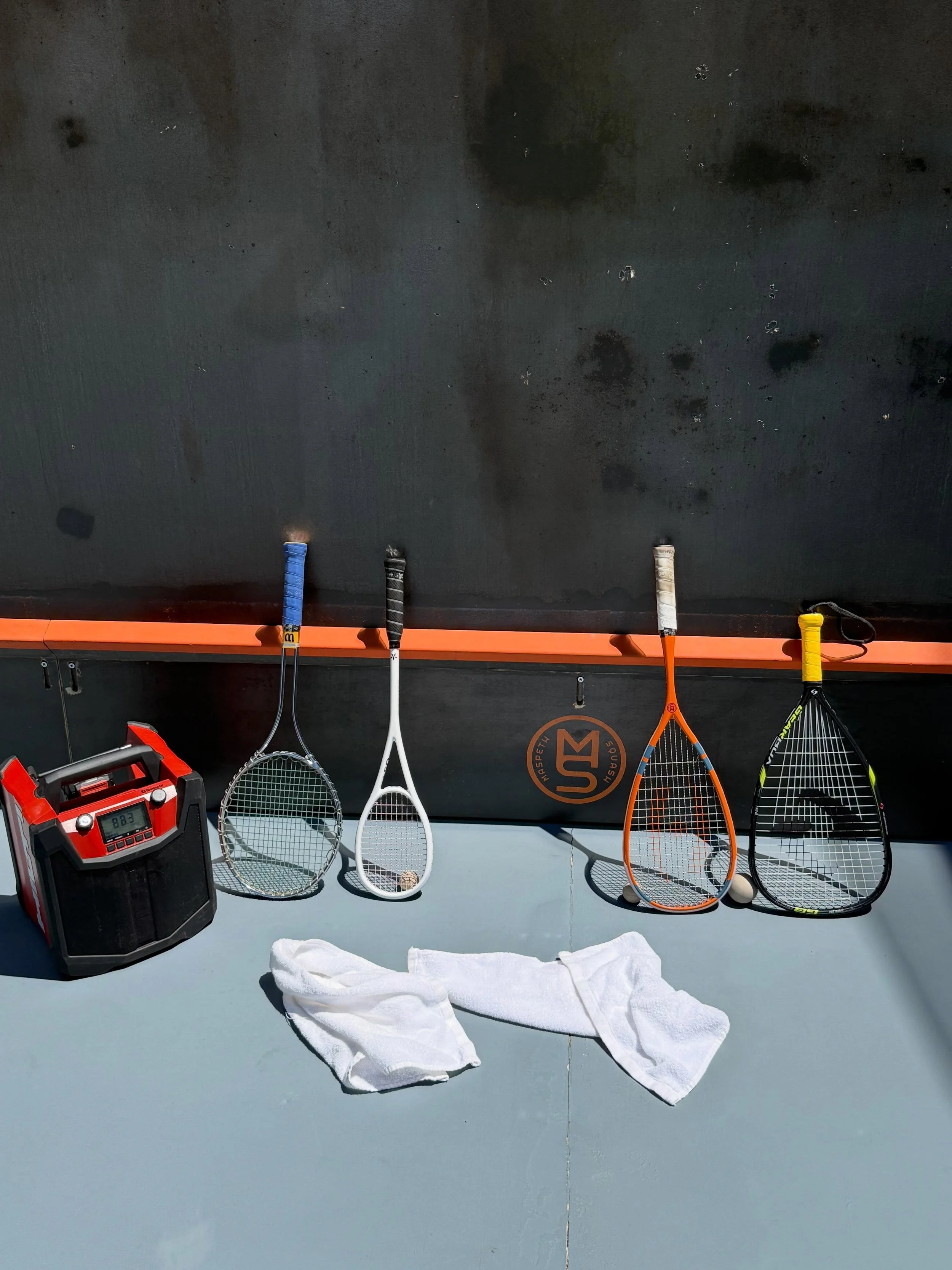 Solo drilling tools - Wilson T2000, squash trainer, custom Harrow reflex, and Gearbox Squash57 racket, and squash singles ball, doubles ball, and Squash57 ball. 

WBGO Jazz

Summer Breeze

#outdoorsquash #thesteelcourt