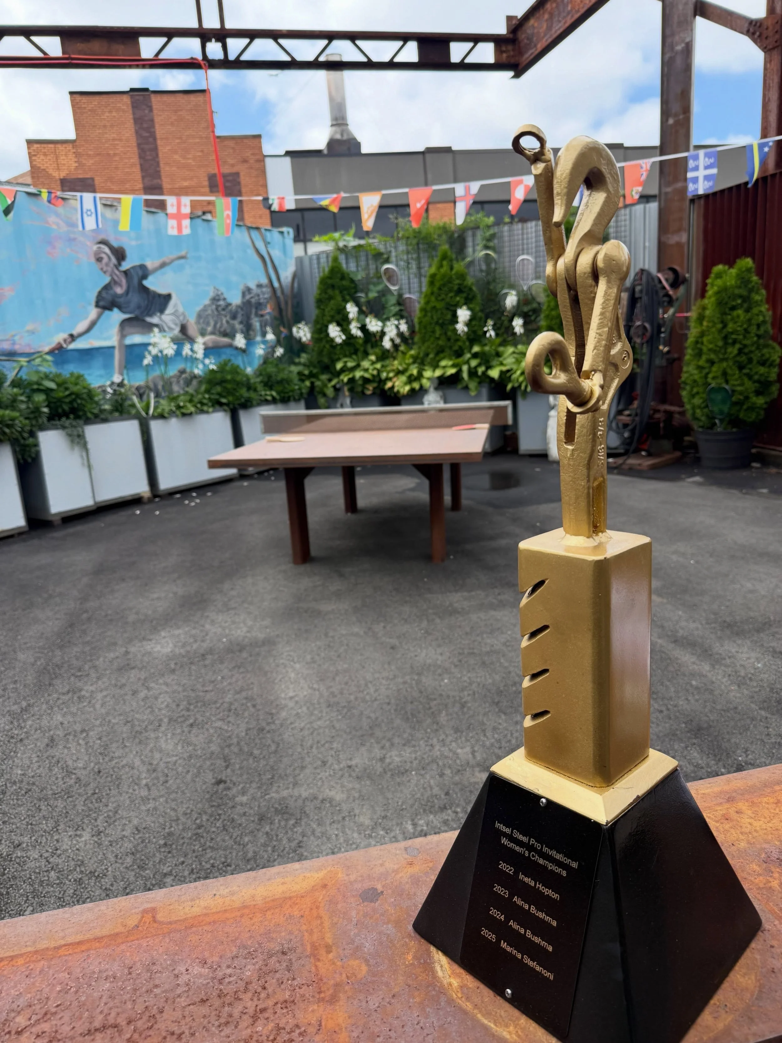 Thank you for coming out to play #squash. Five years of Intsel Steel sponsored pro invitationals on the steel court in Maspeth. 

Nathan, Timmy, Shahjahan, Ineta, Alina, Marina. 

Trophy by Jorge, Salah, and Andrew @maspethwelding