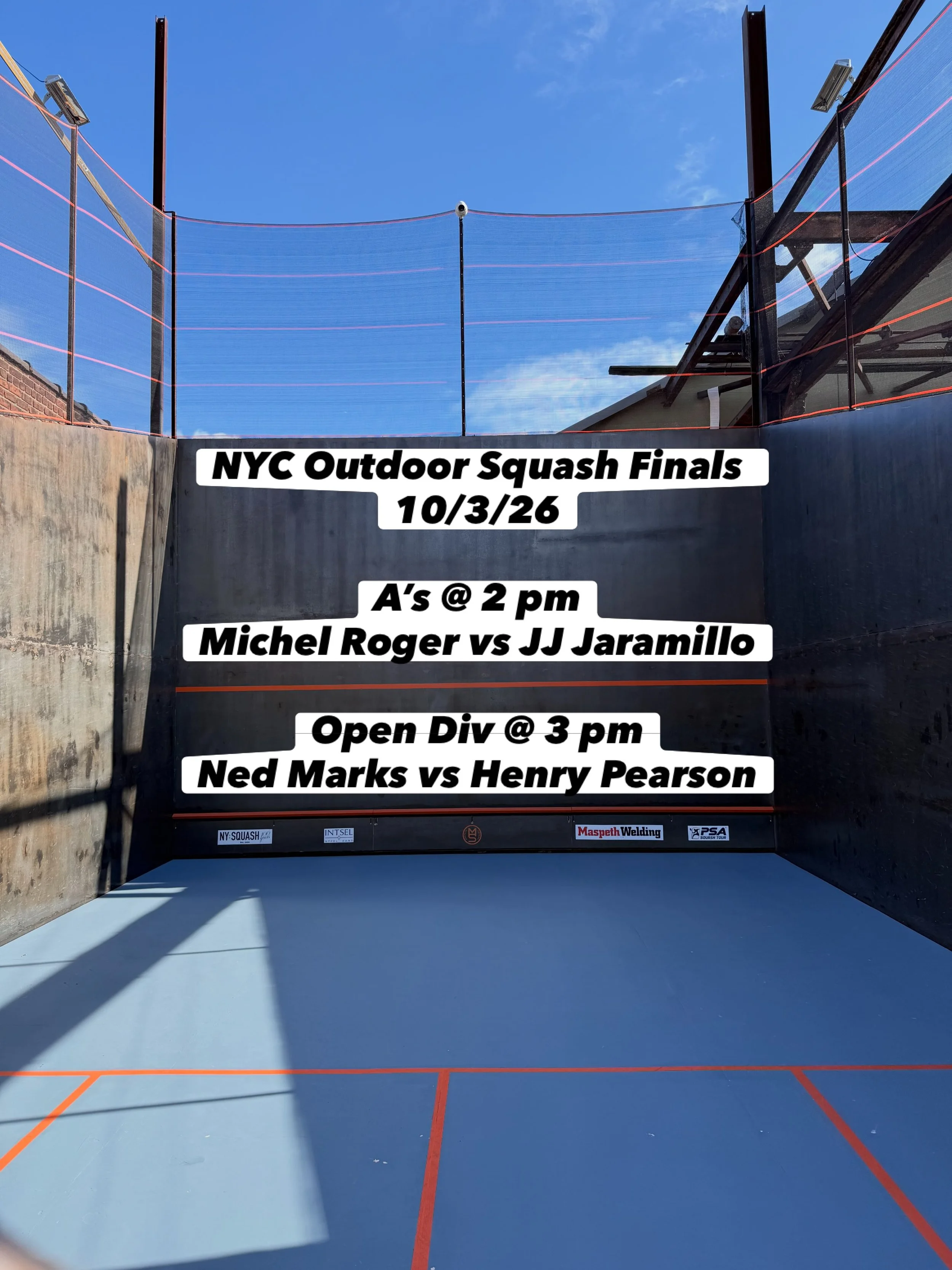 Come out and watch! Visitors welcome. MaspethSquash.com

@michel.a.roger @jj.jaramillo2507 @squashmarks Henry Pearson

@ussquash @nysquash @weareopensquash @maspeth.squash University Club for the outdoor squash tournament finals on a beautiful day. 
