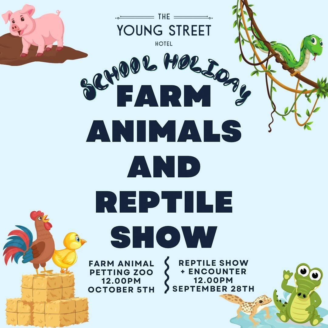 SCHOOL HOLIDAYS AT YOUNG STREET 🐢
Leave the stress of entertaining the kids this school holidays up to us and book a table now for the upcoming dates!
Reptile show and encounter: 28th September 
Farm animal petting zoo: 5th October