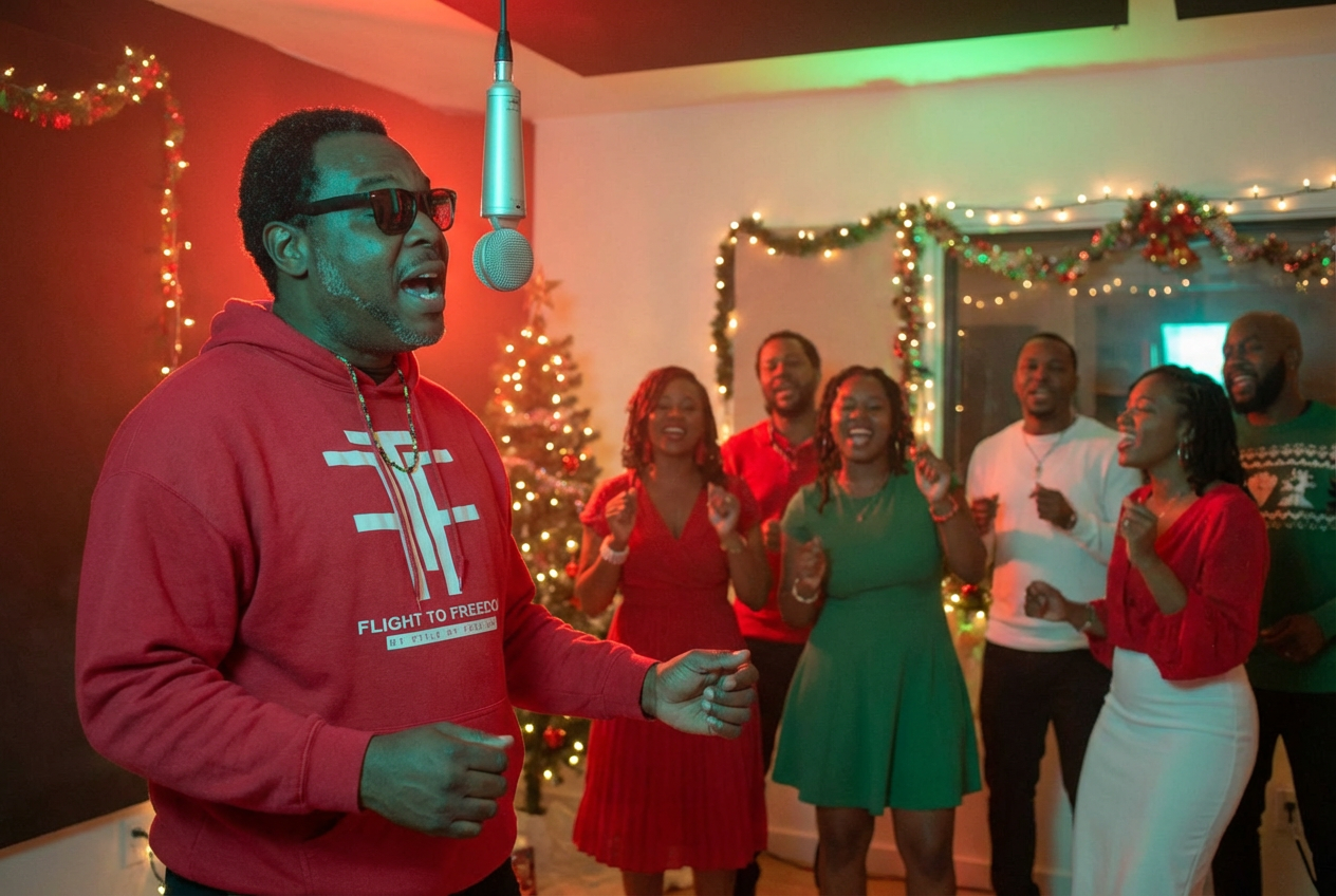 Man in red hoodie singing or speaking into a microphone while a group of people in festive holiday clothing sing along in a decorated room with Christmas trees and lights.