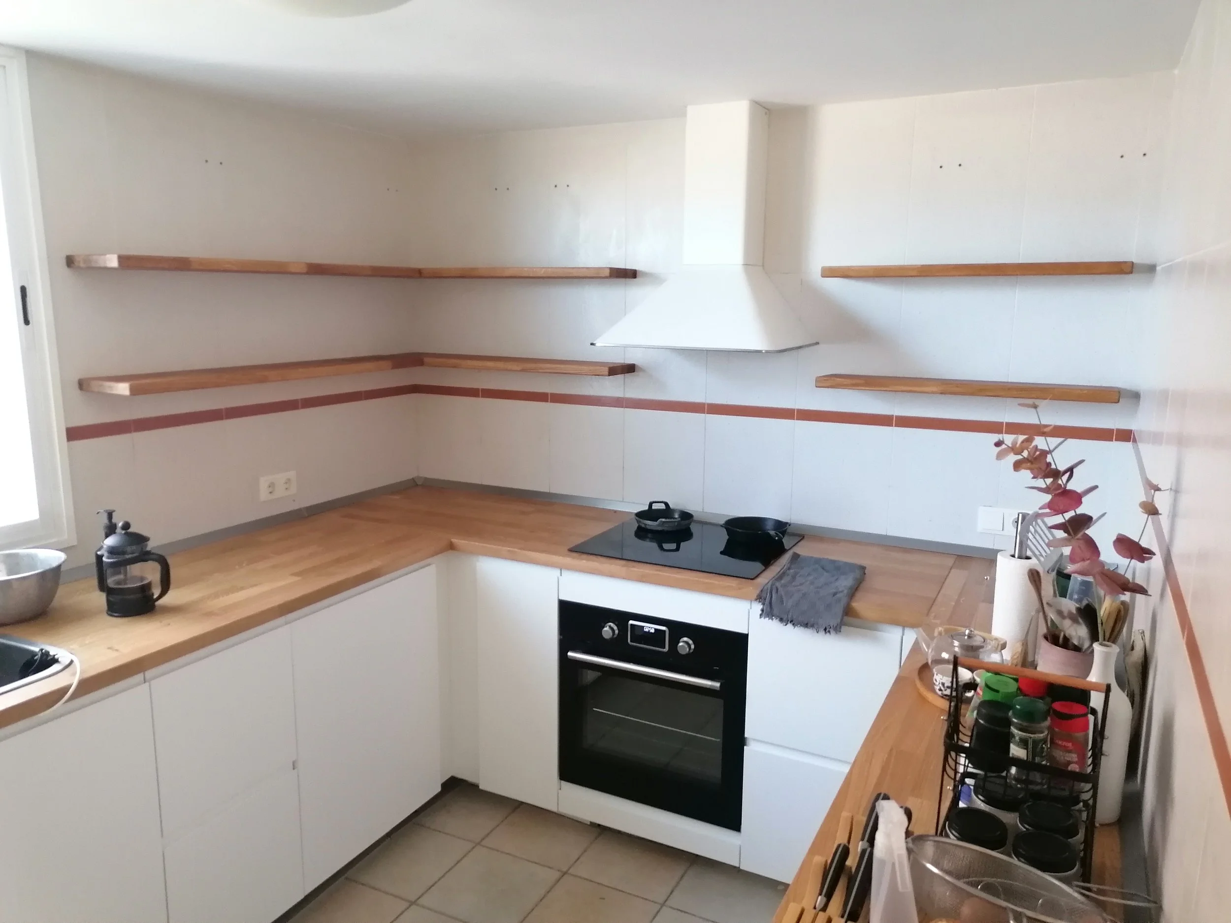 Custom Floating Wooden Shelves for a Kitchen