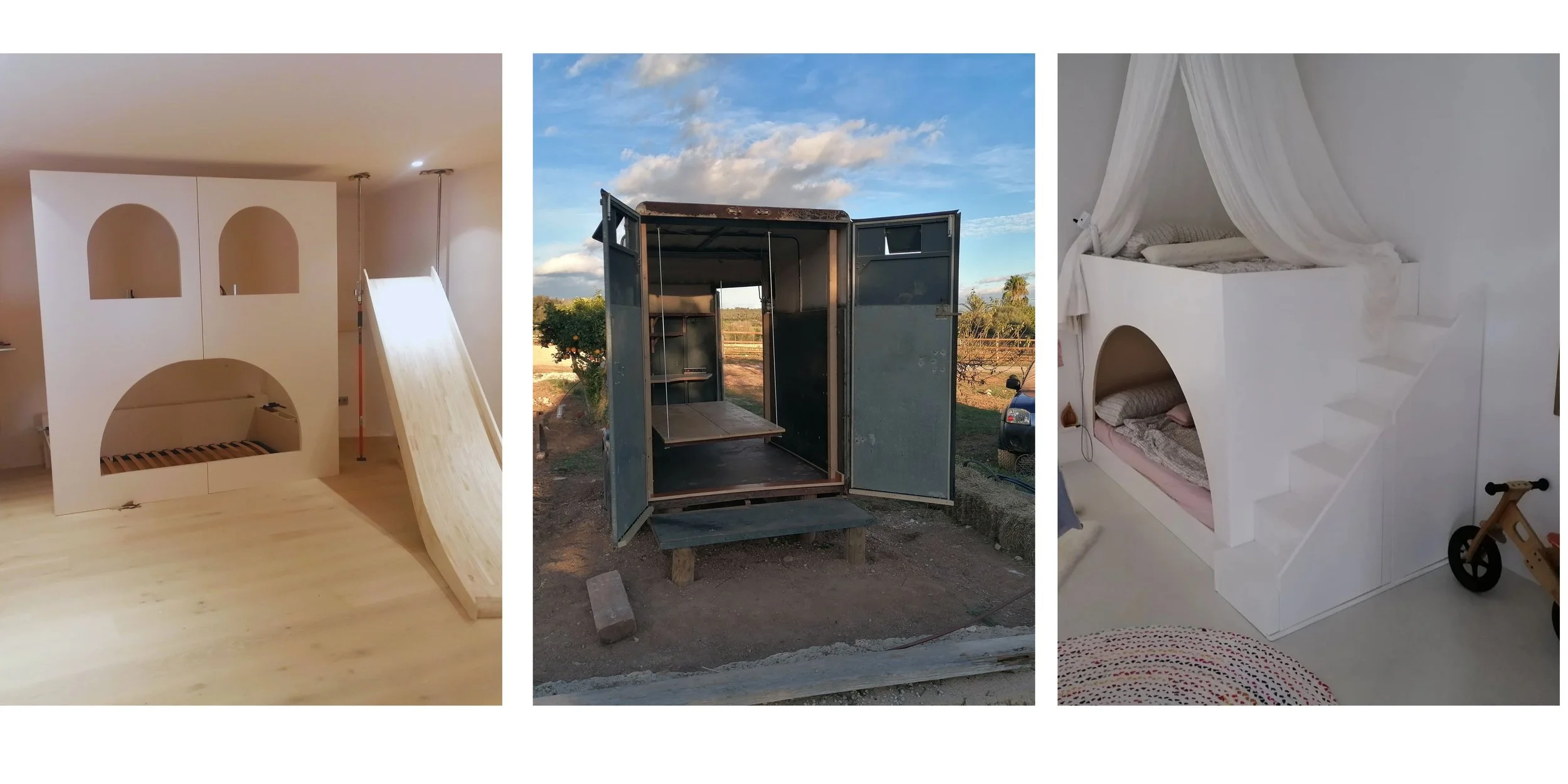 Custom-built children's furniture, including bunk beds, slides, and creative bedroom designs made for family homes in Mallorca.