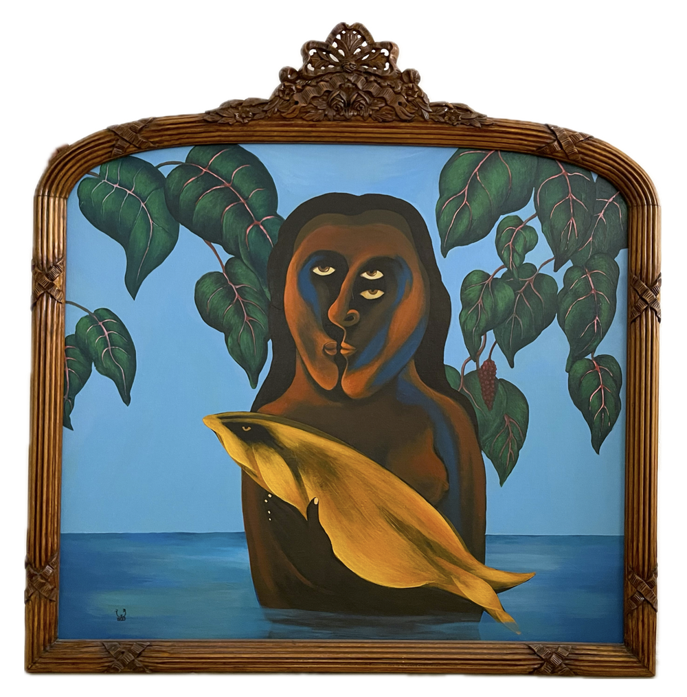Souad Abdelrasoul_Turquoise color, face and fish_2023_Acrylic on canvas and old wooden frame_100 x 105 cm.png