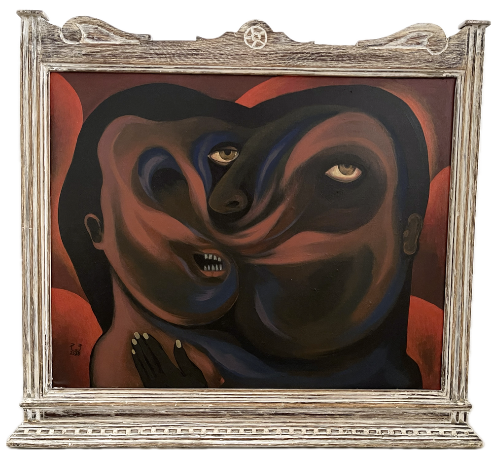 Souad Abdelrasoul_The kiss_2023_Acrylic on canvas and old wooden frame_60 x 67 cm.png