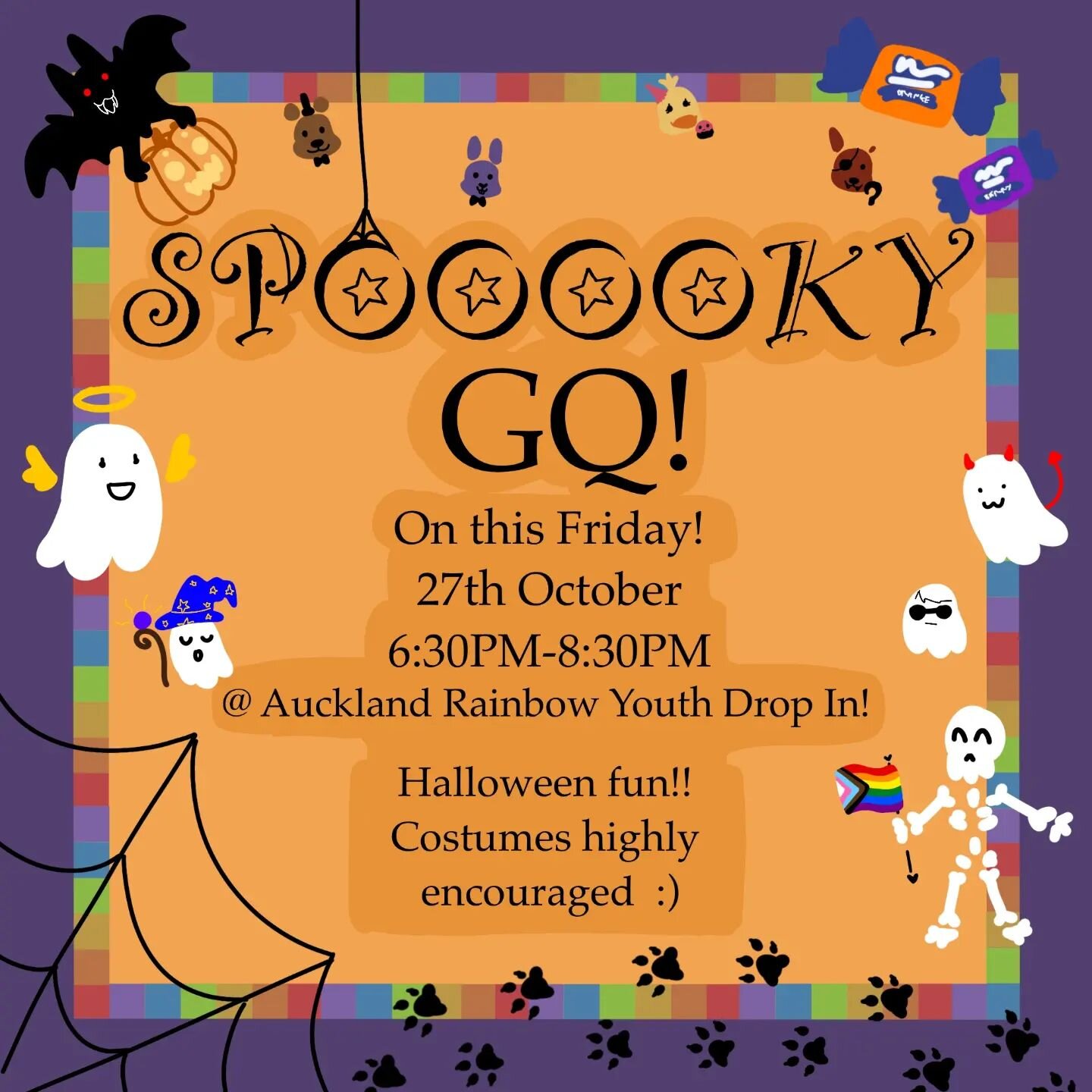 Kia ora ghouls! 

Come along to group this friday for some queer halloween fun &amp; treats! wear a costume &amp; bring a friend 🦇👻🎃🏳️&zwj;🌈🏳️&zwj;⚧️