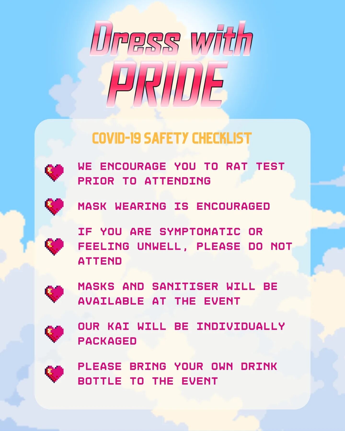 Happy Friday 🥳

As we enjoy all the wonderful events happening for Pride Month, it's super important that we do our part to keep each other safe. 

We've compiled a little Covid-19 safety checklist for you to follow while attending Dress with Pride 