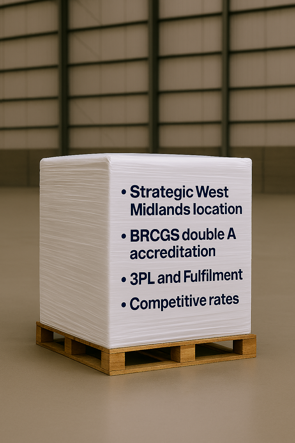 A large white block with text listing business points, resting on a wooden pallet in an industrial setting.