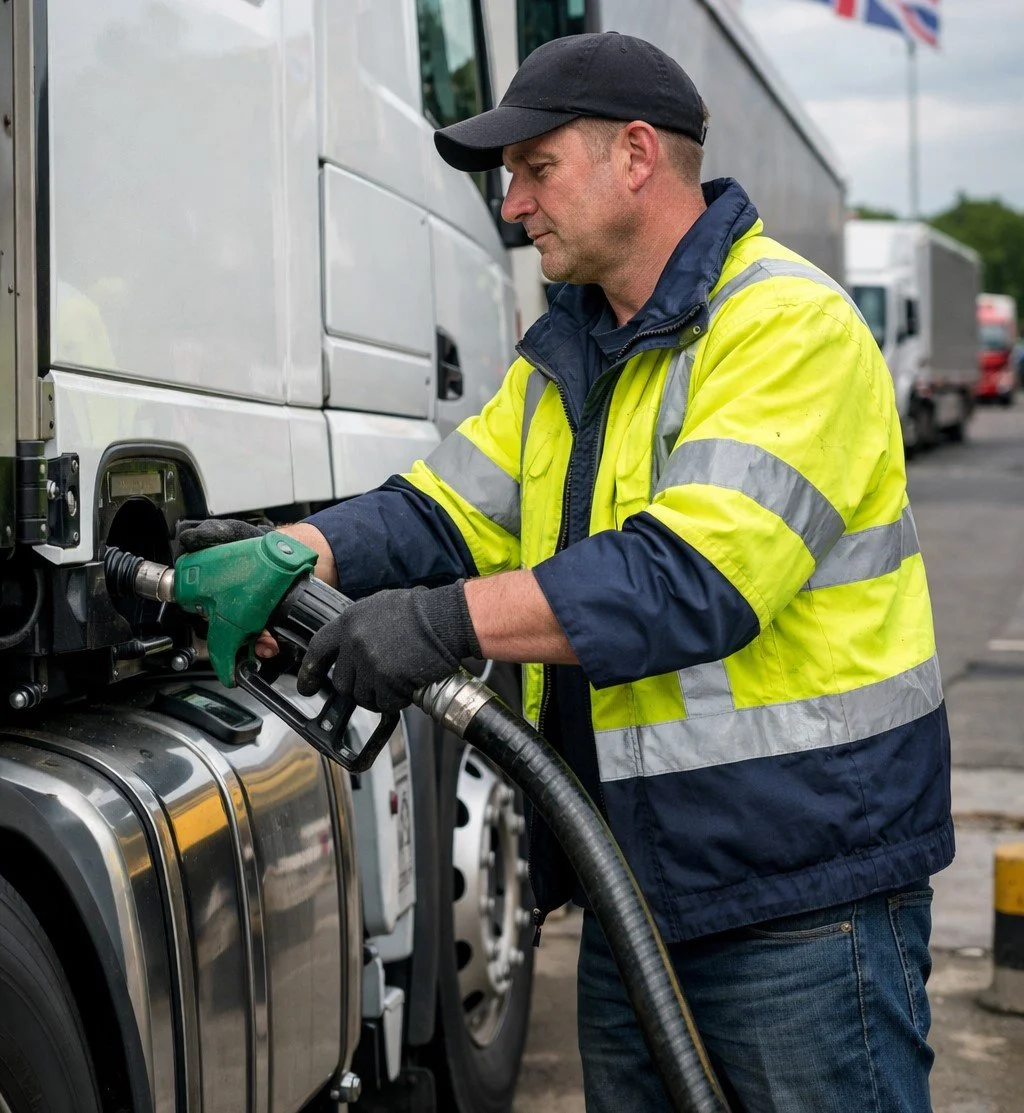 A man wearing a black cap, yellow safety jacket, and gloves is filling a large truck's fuel tank from a green fuel nozzle.