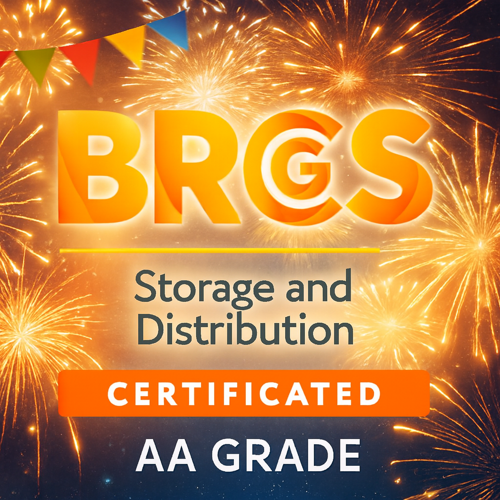 Bright orange text reads 'BRGS Storage and Distribution' with fireworks in the background and a string of colorful flags overhead. Additional text indicates 'CERTIFICATED' and 'AA GRADE'.