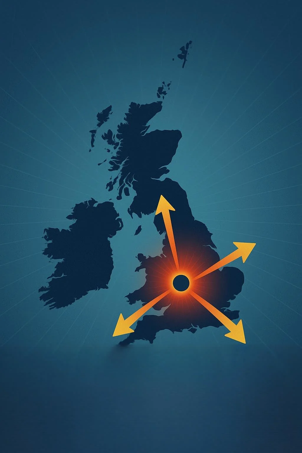 map of the United Kingdom with three orange arrows pointing outward from a central black circle glowing with orange light.