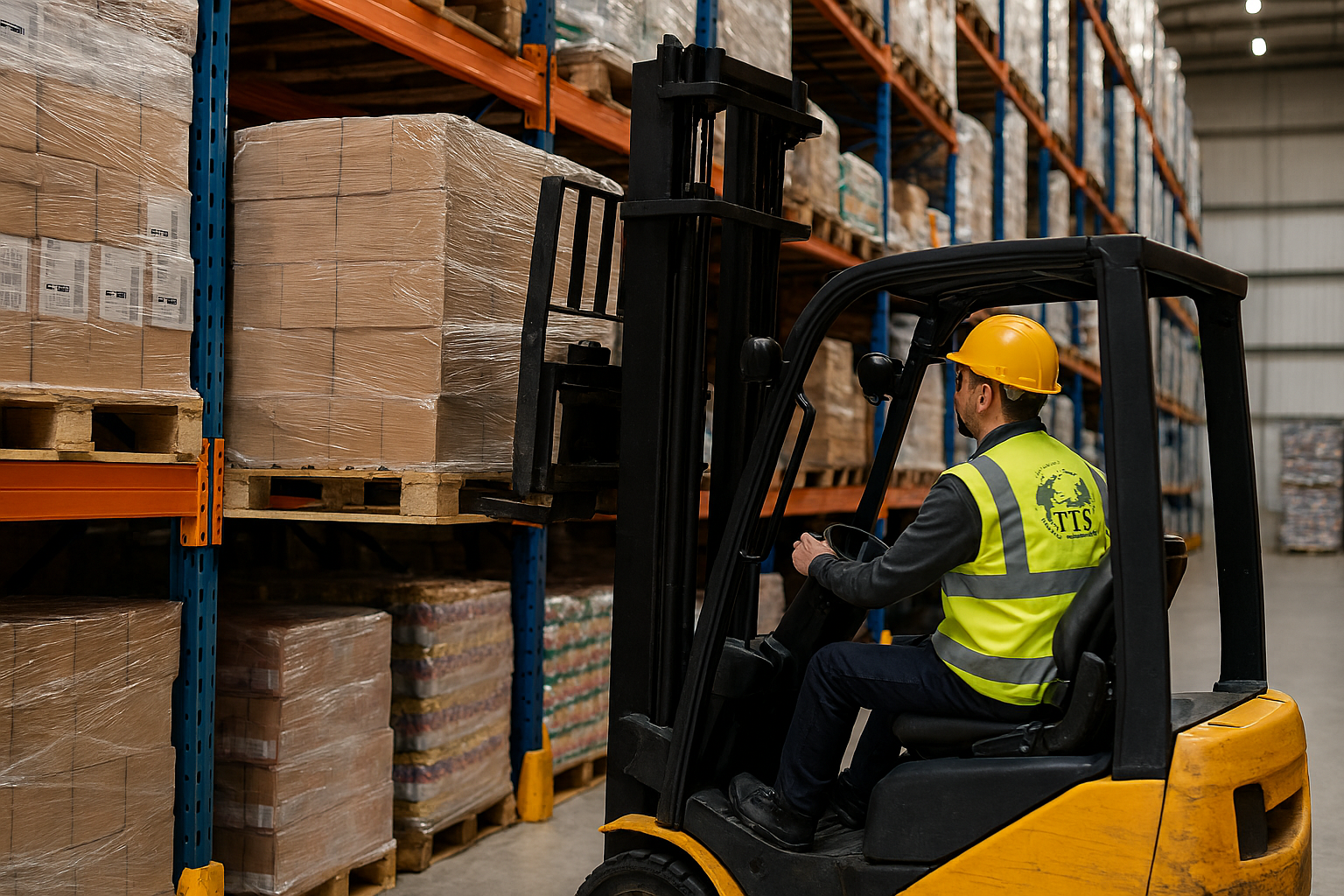 A worker in a yellow safety vest and yellow hard hat operating a forklift in a warehouse, moving pallets stacked with cardboard boxes and other items on industrial shelves.
