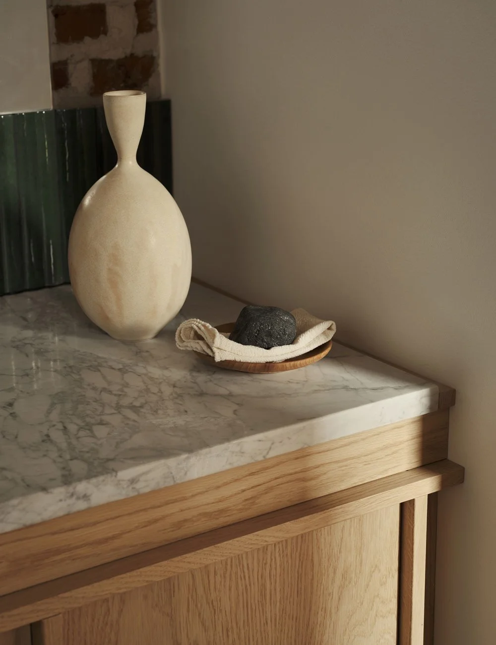 Bespoke light oak bathroom vanity in a Danish modernist house.