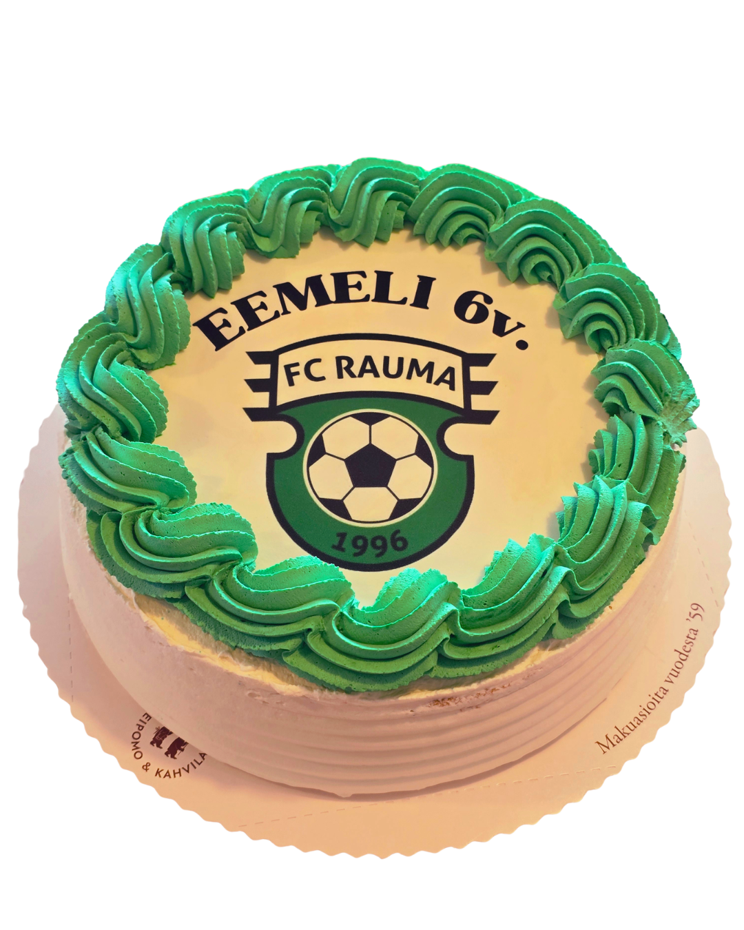 Kakku, jossa FC Rauma -jalkapalloseuran logo ja teksti Eemeli 6v