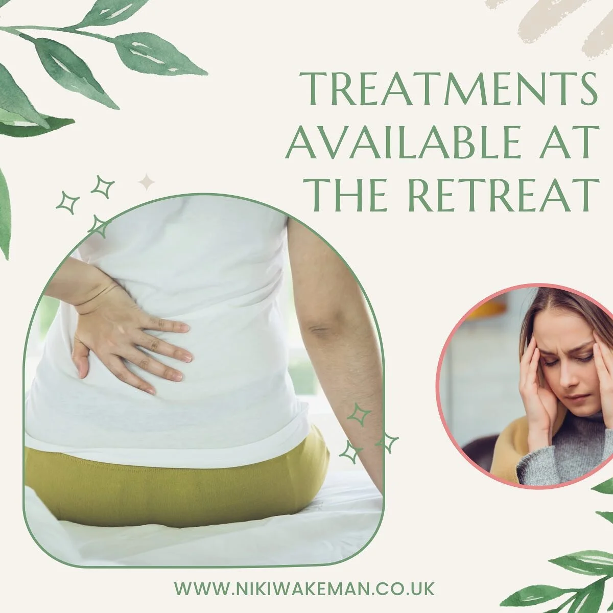 During your stay at The Retreat, you can choose from a selection of treatments available. We can discuss your requirements and work out the best package to suit you.

If you are suffering from back pain, sciatica or headaches, you would benefit from 