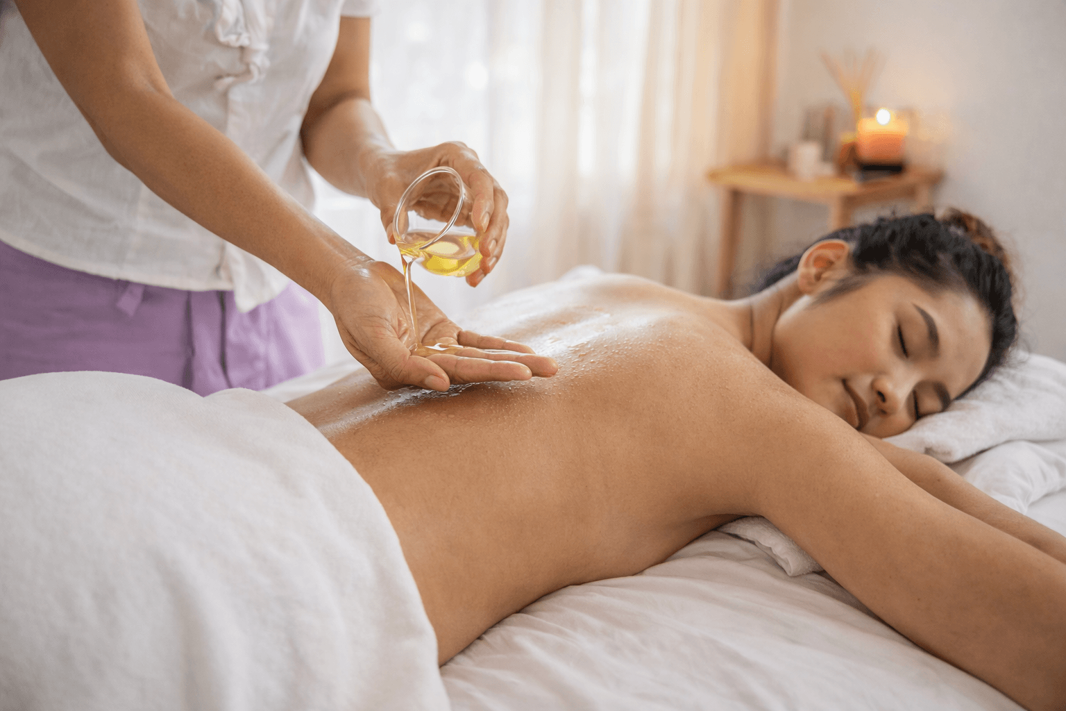Une femme reçoit un massage avec de l'huile sur le dos dans une ambiance relaxante.
