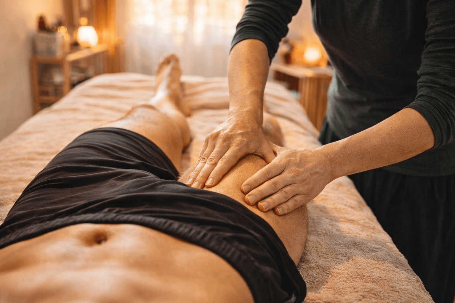 Une personne reçoit un massage à la jambe dans une pièce chaleureuse et confortable.