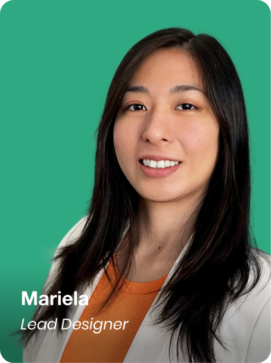 A woman with long dark hair smiling at the camera, wearing an orange top and white blazer, against a green background. The text 'Mariela Lead Designer' is displayed at the bottom.
