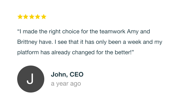 Customer review with five stars, praise for teamwork, and positive change after one week, signed by John, CEO.