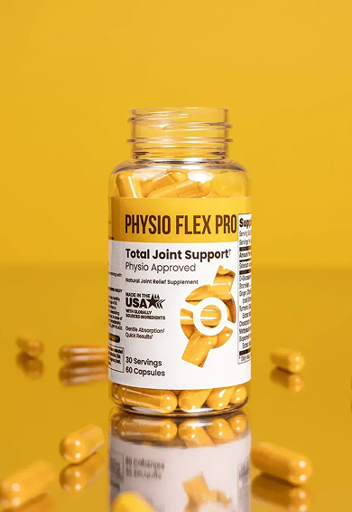 A clear plastic bottle labeled 'Physio Flex Pro' with capsules inside, placed on a yellow surface with capsules scattered around it, against a yellow background.
