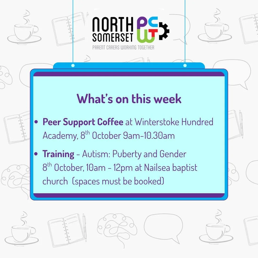 Coming up in the week ahead 👀🤩🗓️

☕All Peer Support coffees are all drop in sessions - no need to book. If they are at a school, it is just for the Parent Carers with children attending the school.

🧠All training is FREE, but does need to be book