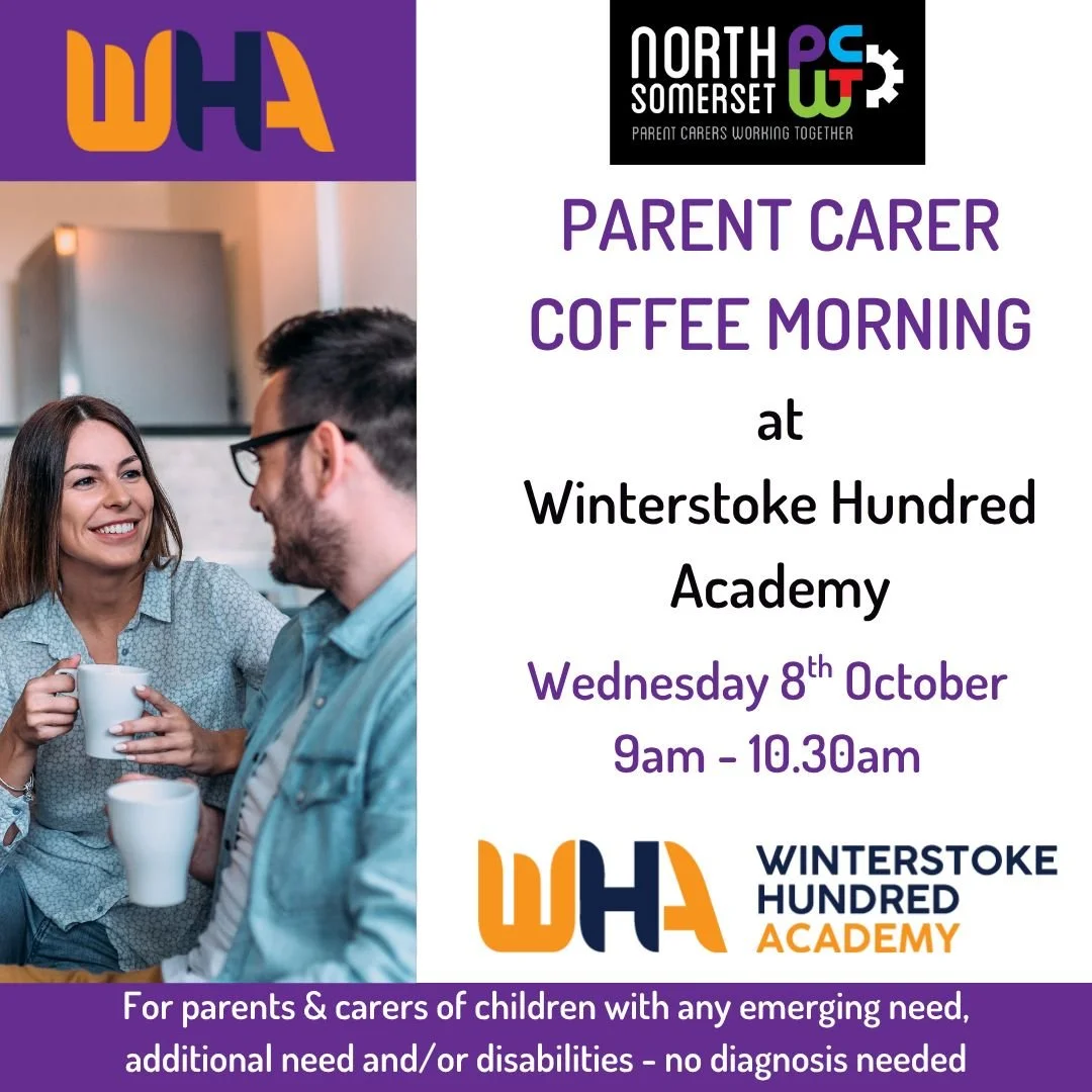 📣Parent Carers with children at Winterstoke Hundred Academy - this one is for you 🙌

Join us for a drink ☕ and a chat to talk through any concerns, or emerging needs your child may have. We are here to be a listening ear,  and to signpost you to an