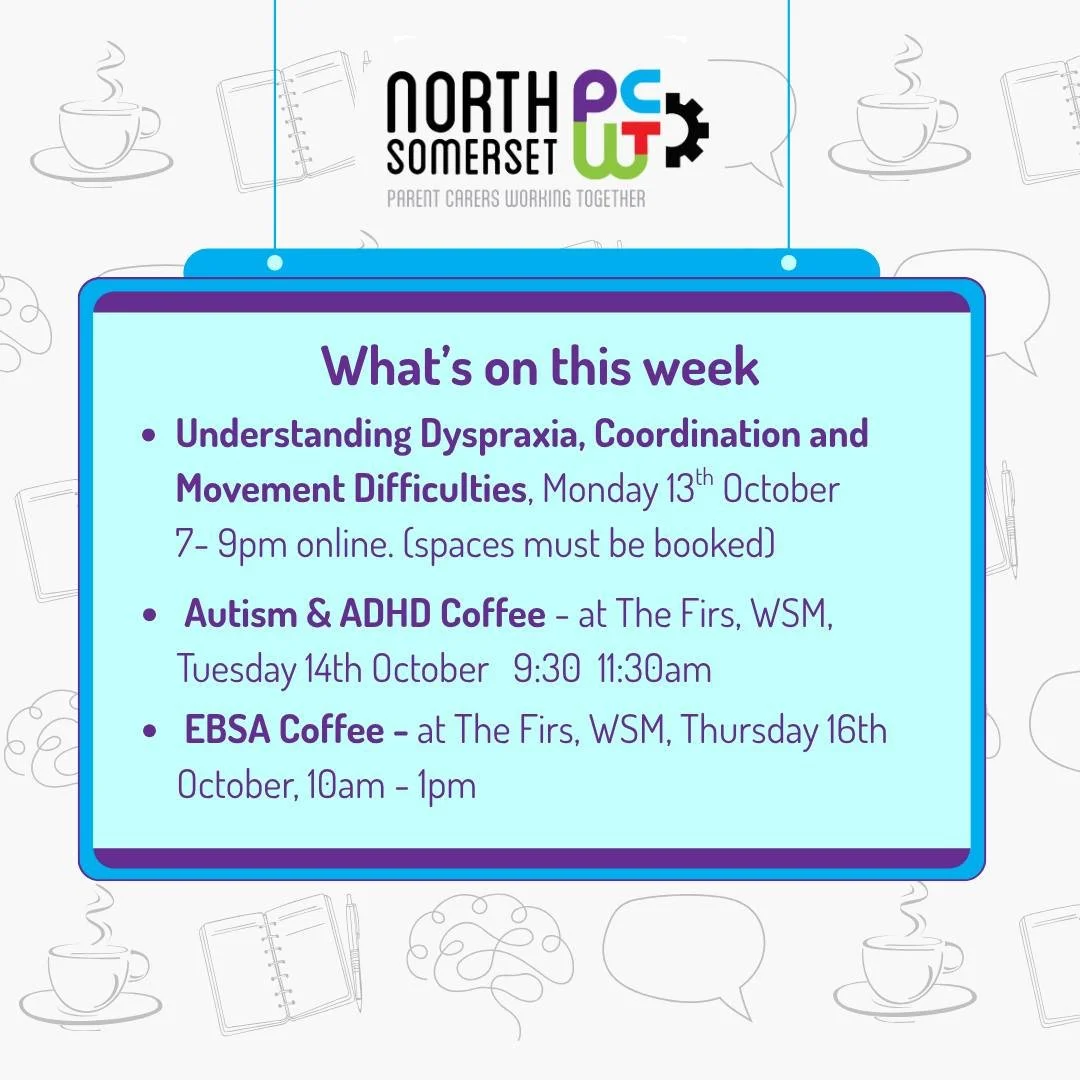 Coming up in the week ahead 👀🤩🗓️

☕All Peer Support coffees are drop in sessions - no need to book. If they are at a school, it is just for the Parent Carers with children attending the named school.

🧠All training is FREE, but does need to be bo