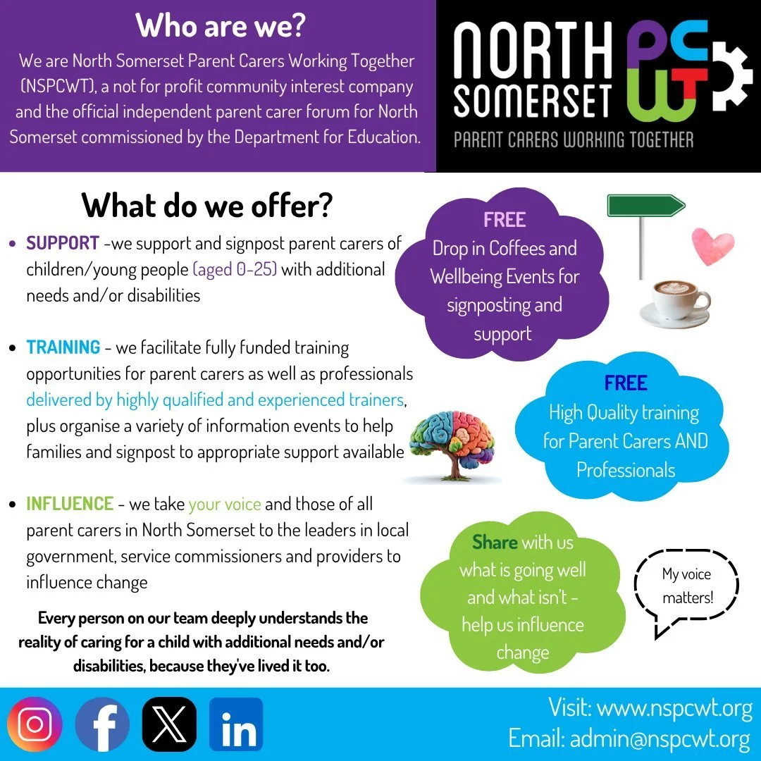 At NSPCWT we want to reach ALL Parent Carers in North Somerset - Your support is invaluable ✨

Please help us spread the word and Share 🙏

#NSPCWT #Parentsupport #Parentcarerforum #Northsomerset #SEND #specialneedsanddisabilities