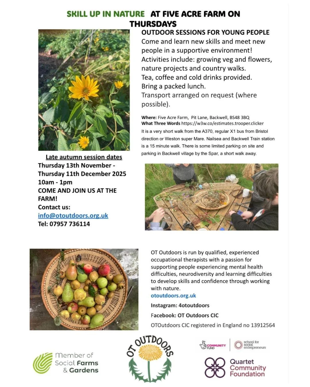 🌻Skill up in Nature at Five Acre Farm 🌻

Please contact info@outdoors.org.uk directly to apply - here is some of the information OT Outdoors have sent us to share with you! 👇

Sessions run between 10am and 1pm between 13/11/25 and 11/12/25 at Five