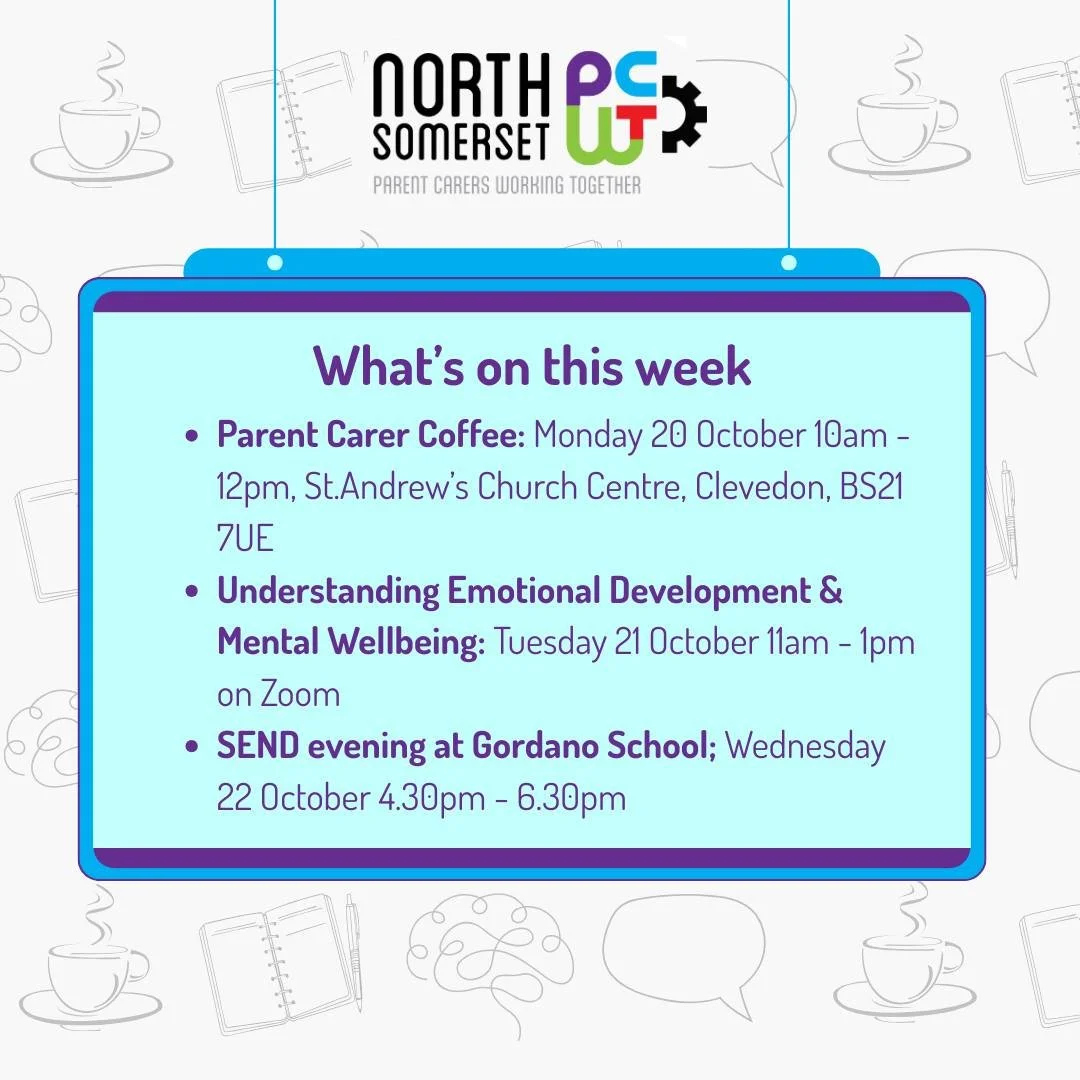 Coming up in the week ahead 👀🤩🗓️

☕All Peer Support coffees are drop in sessions - no need to book. If they are at a school, it is just for the Parent Carers with children attending the named school.

🧠All training is FREE, but does need to be bo