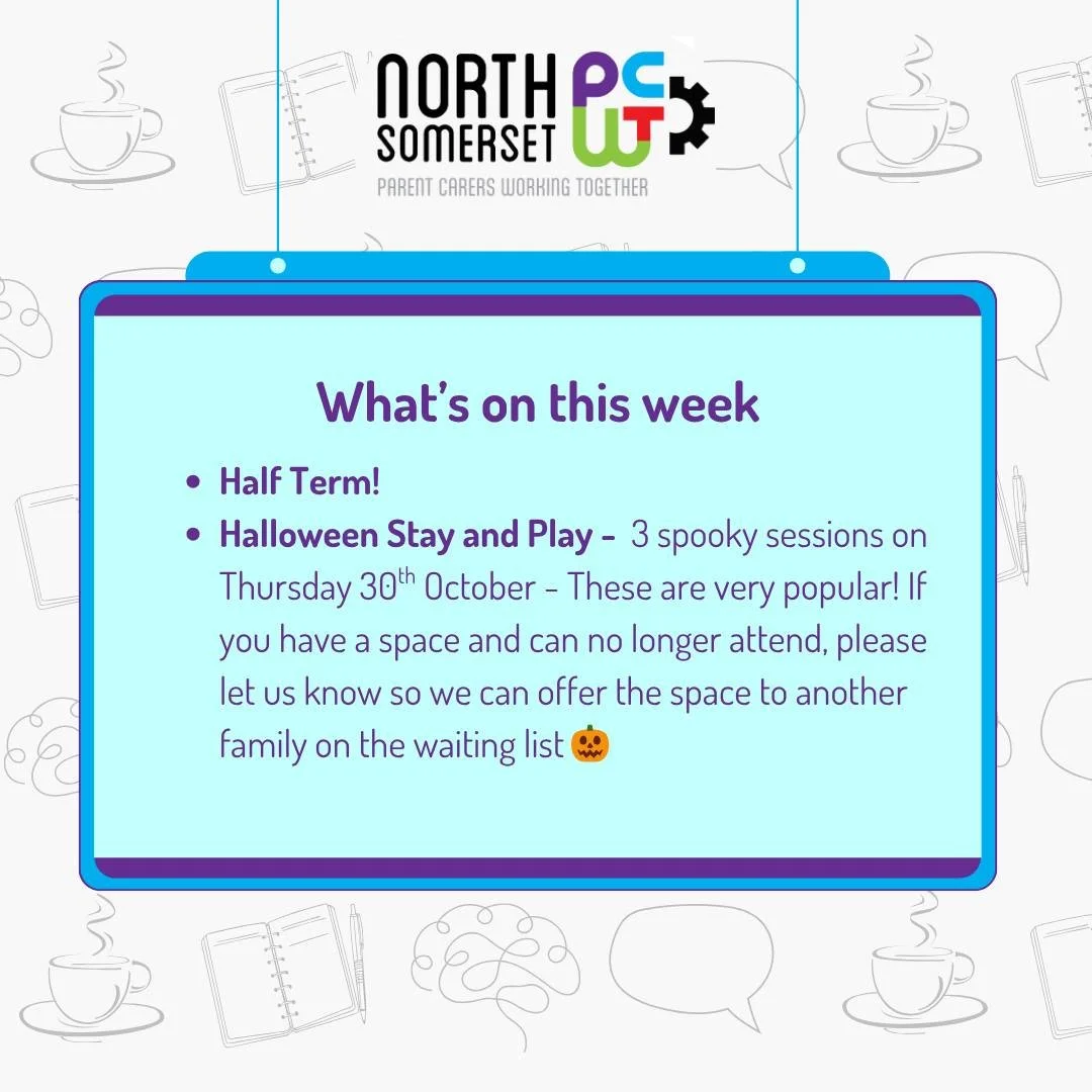 Coming up in the week ahead 👀🤩🗓️

Its October half term, a chance for our young people to hopefully rest, and have some fun (and we really hope you parent carers get some time off too 🫶)

Our Stay and Play sessions are run by the fantastic Peer S