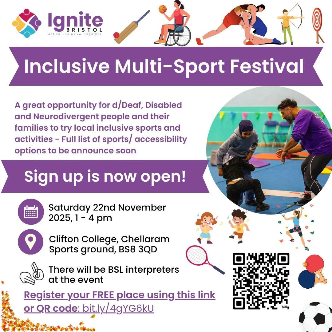 The Ignite Bristol Inclusive Multi-Sport Festival! 🎾🏏⚽🦽

An exciting afternoon filled with fun and inclusive sports activities! 

This festival is designed for Deaf, Disabled and Neurodivergent people and their families.