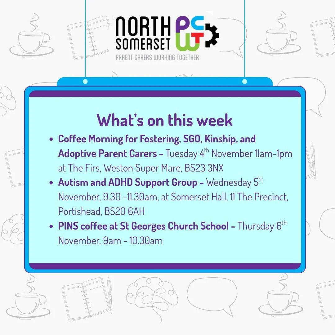 Coming up in the week ahead 👀🤩🗓️

☕All Peer Support coffees are drop in sessions - no need to book. If they are at a school, it is just for the Parent Carers with children attending the named school.

🧠All training is FREE, but does need to be bo