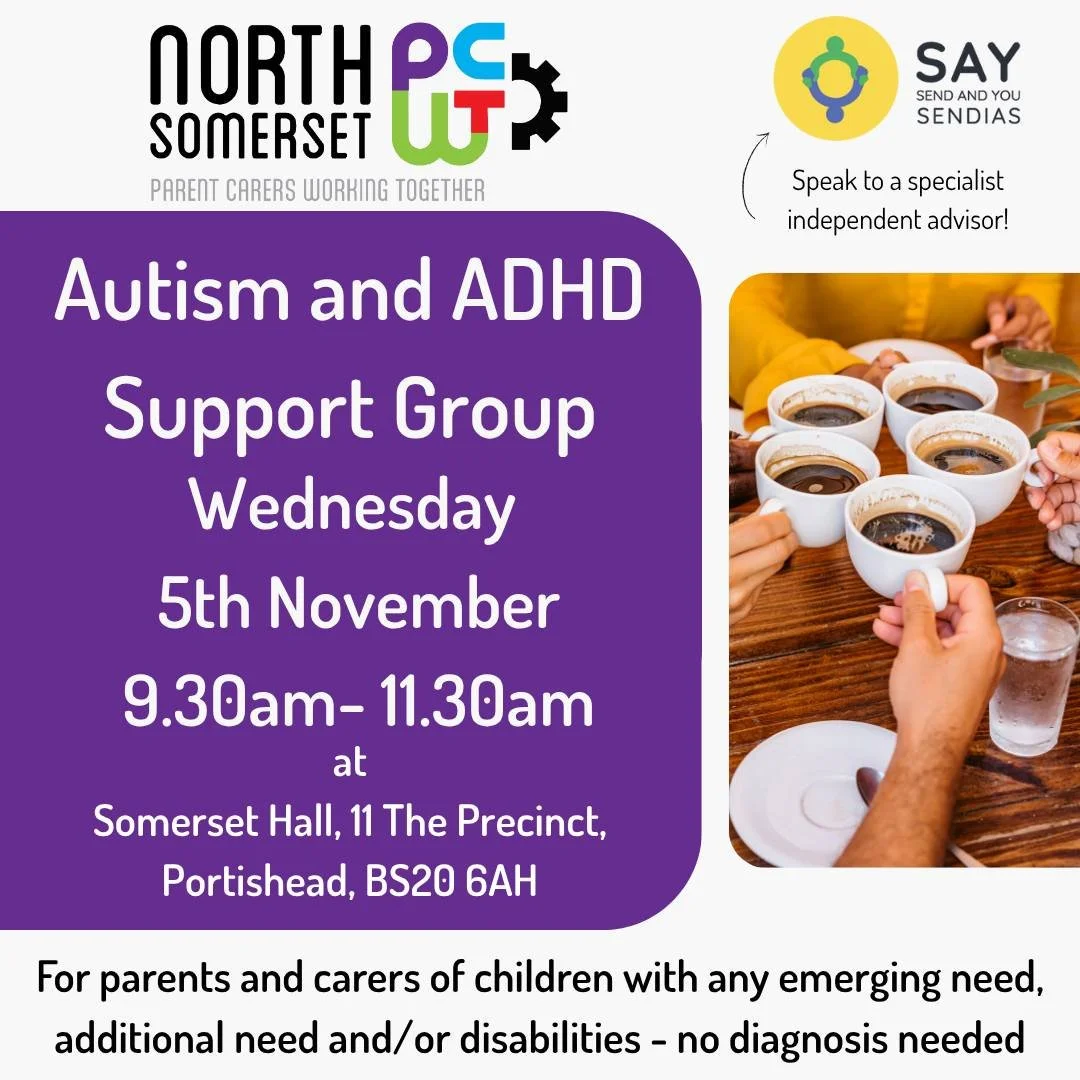 Join us at Somerset Hall in Portishead on the first Wednesday of every month 🏠☕

We're here to offer a listening ear 👂, peer support, and signposting to local services.

This month we are joined by

✨ SEND and You - SAY - SAY they are the SENDIAS (
