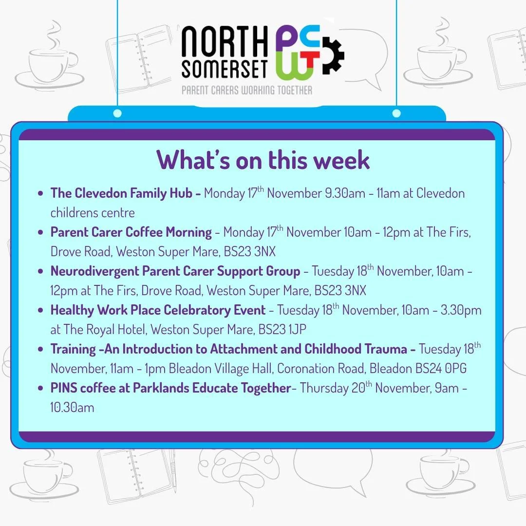 👀🤩🗓️ Coming Up in the Week Ahead!

In addition to the regular NSPCWT offer, this week our amazing Peer Support Team will be:
📍 At the Family Hub in Clevedon
🎉 And attending a celebratory event at the Royal Hotel!

☕ Peer Support Coffees are drop