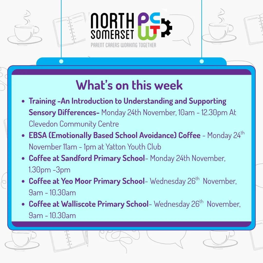 👀🤩🗓️ Coming Up in the Week Ahead!

☕ Peer Support Coffees are drop-in sessions &mdash; no need to book!
(If a session is held at a school, it&rsquo;s just for Parent Carers with children attending that school.)

🧠 All training is FREE, but spaces