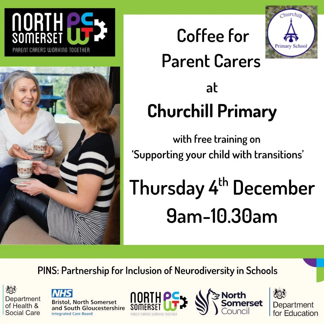 🍵 PINS Coffee &amp; Training Session

We&rsquo;re excited to invite Parent Carers at Churchill Primary School to a free training session on Supporting Your Child with Transitions, funded by the PINS Project (Partnerships for Inclusion of Neurodivers