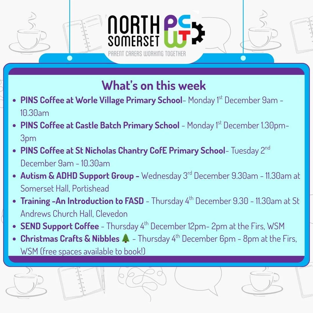👀🤩🗓️ Coming Up in the Week Ahead! Its a busy one 😅

☕ Peer Support Coffees are drop-in sessions &mdash; no need to book!
(If a session is held at a school, it&rsquo;s just for Parent Carers with children attending that school.)

🧠 All training i