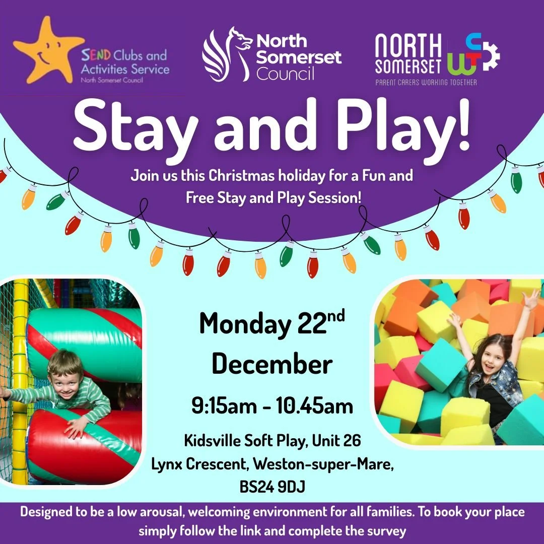 🎄 Christmas Stay and Play at Kidsville! 🎄
We&rsquo;re excited to be joining the SENDCAS team (SEND Clubs and Activities Service) at North Somerset Council for a magical Christmas Stay and Play!

✨ Follow the link to complete the survey and register