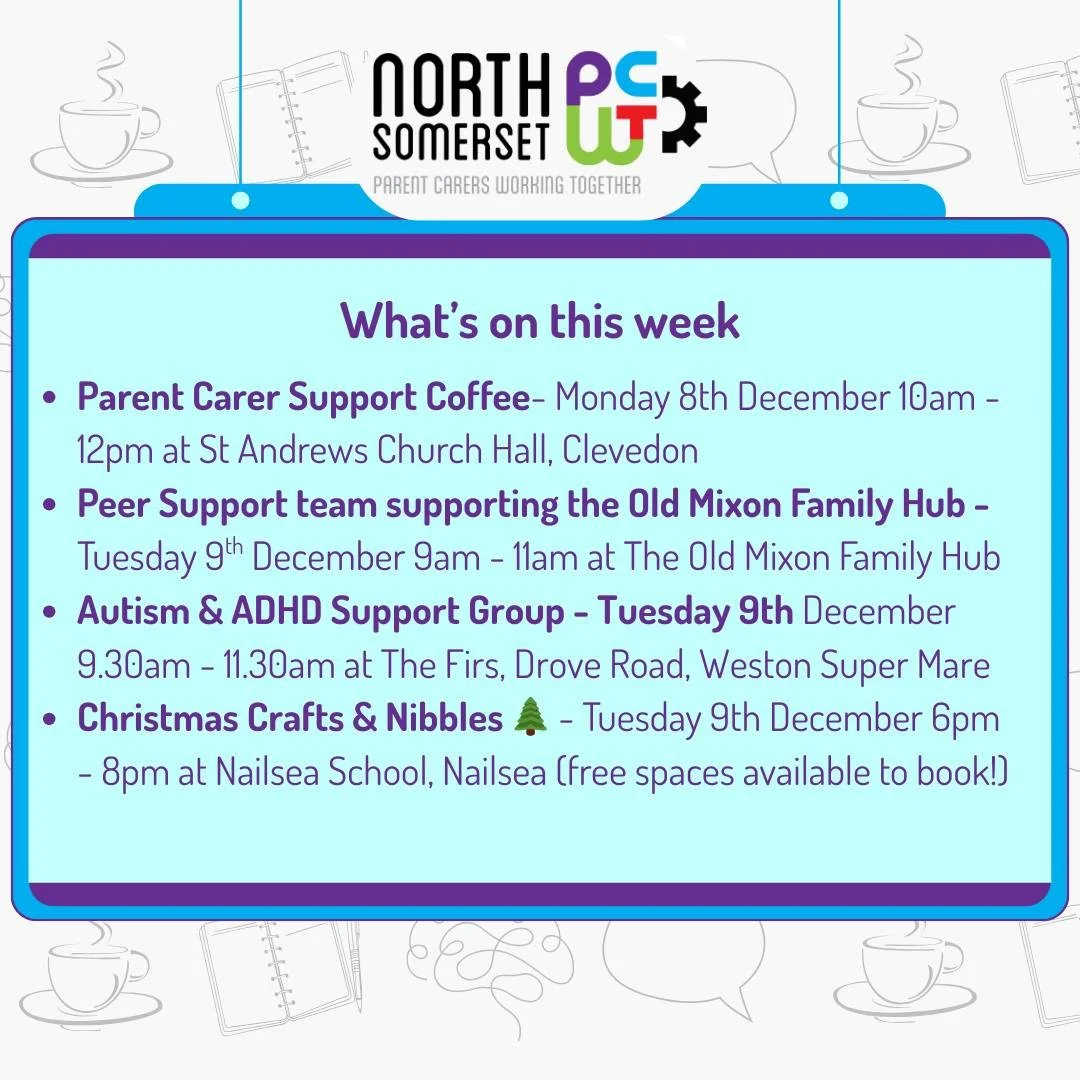 👀🤩🗓️ Coming Up in the Week Ahead! 

☕ Peer Support Coffees are drop-in sessions &mdash; no need to book!
(If a session is held at a school, it&rsquo;s just for Parent Carers with children attending that school.)

🎄Christmas Crafts events are free