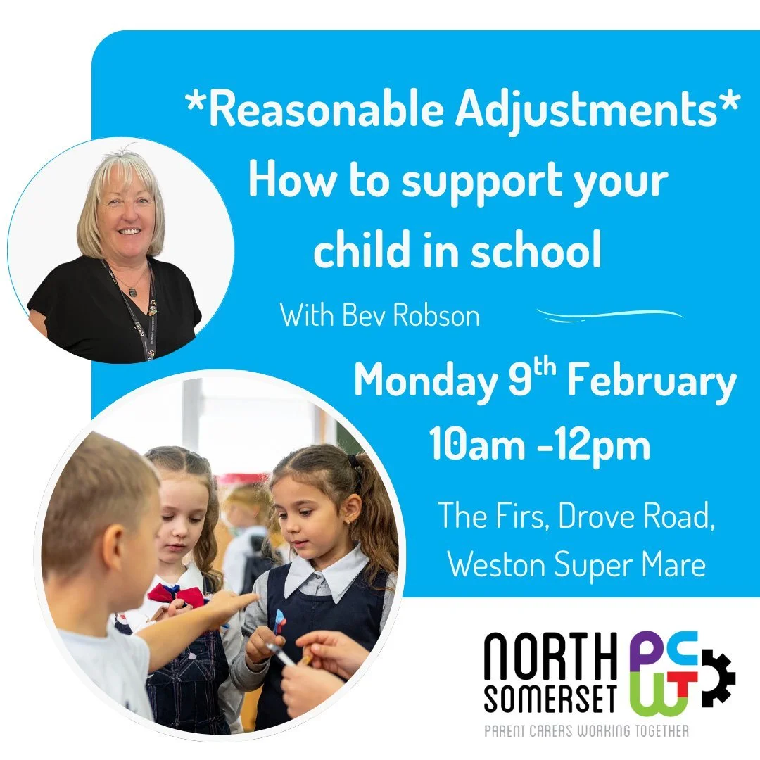 Face to face session on reasonable adjustments with our lovely Bev is now ready to book! 

Come and discuss some of the things that your teachers may be able to do within school. Please note that they may not be able to complete your requests, howeve