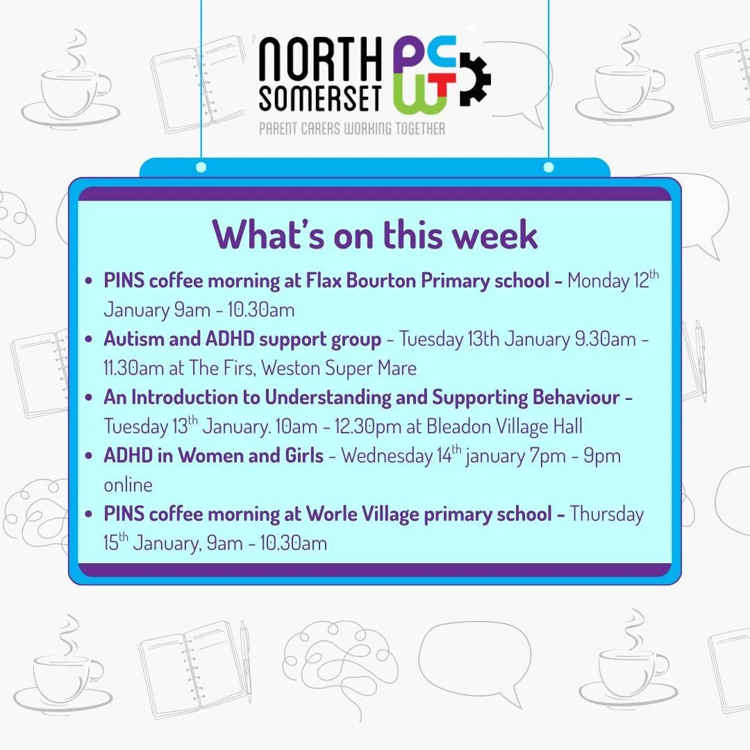 👀🤩🗓️ Coming Up in the Week Ahead! 

☕ Peer Support Coffees are drop-in sessions &mdash; no need to book!
(If a session is held at a school, it&rsquo;s just for Parent Carers with children attending that school.)

🧠 All training is FREE, but space