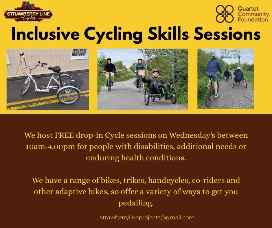 Direct from Strawberry line cycles 🍓🚲🧑&zwj;🦽&zwj;➡️

'We are thrilled to be able to continue offering our Free Inclusive Cycling sessions, every Wednesday at our base at Yatton Railway Station (BS49 4AJ).

 

People with disabilities, neurodivers