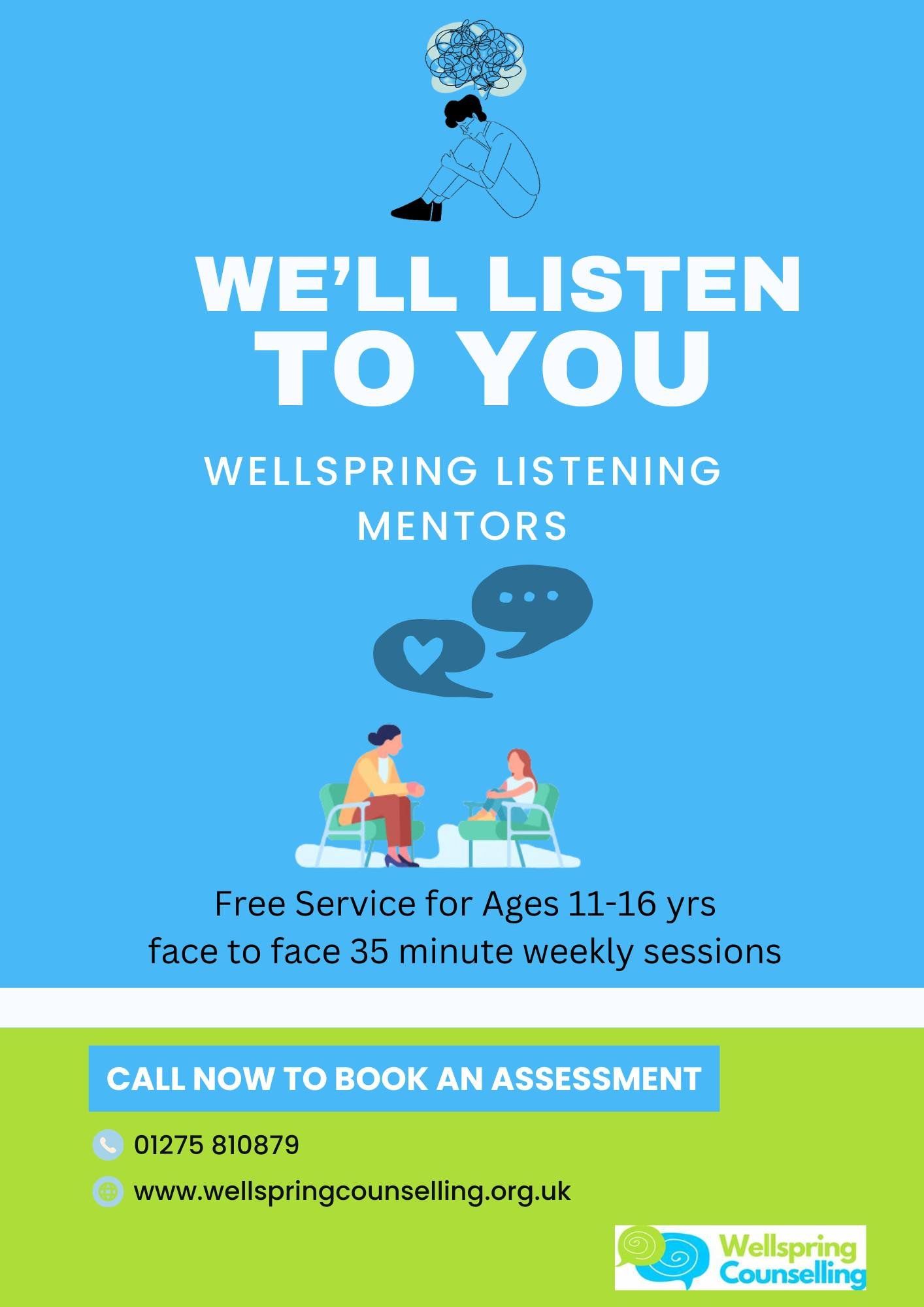 💬 Free Listening Service for 11&ndash;16 year olds 💬

We wanted to share this free listening service for young people aged 11&ndash;16 from Wellspring Counselling

It&rsquo;s self-referral (parents usually make contact) and there&rsquo;s no waiting