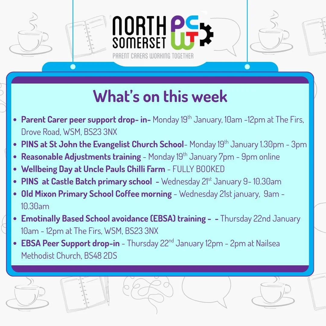 👀🤩🗓️ Coming Up in the Week Ahead!

☕ Peer Support Coffees are drop-in sessions &mdash; no need to book!
(If a session is held at a school, it&rsquo;s just for Parent Carers with children attending that school.)

🧠 All our training sessions are fr