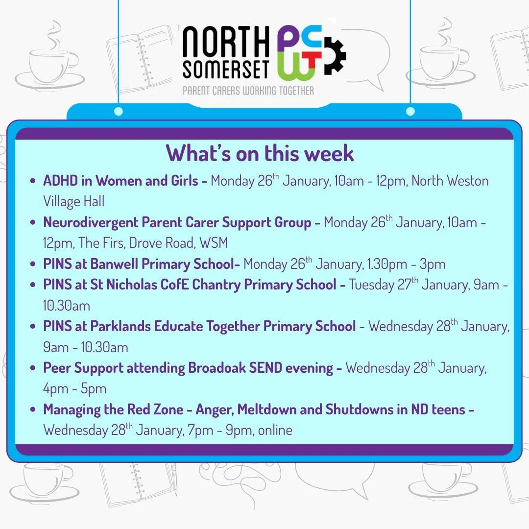 👀🤩🗓️ Coming Up in the Week Ahead!

☕ Peer Support Coffees are drop-in sessions &mdash; no need to book!
(If a session is held at a school, it&rsquo;s just for Parent Carers with children attending that school.)

🧠 All our training sessions are fr