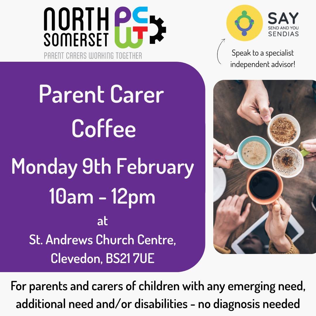 📍 Drop-in for a coffee and support in Clevedon! 🙌

Join us for a friendly, informal space where all parent carers are welcome to pop in for support, signposting, or simply a relaxed catch-up over a coffee.

You don&rsquo;t need a diagnosis for your