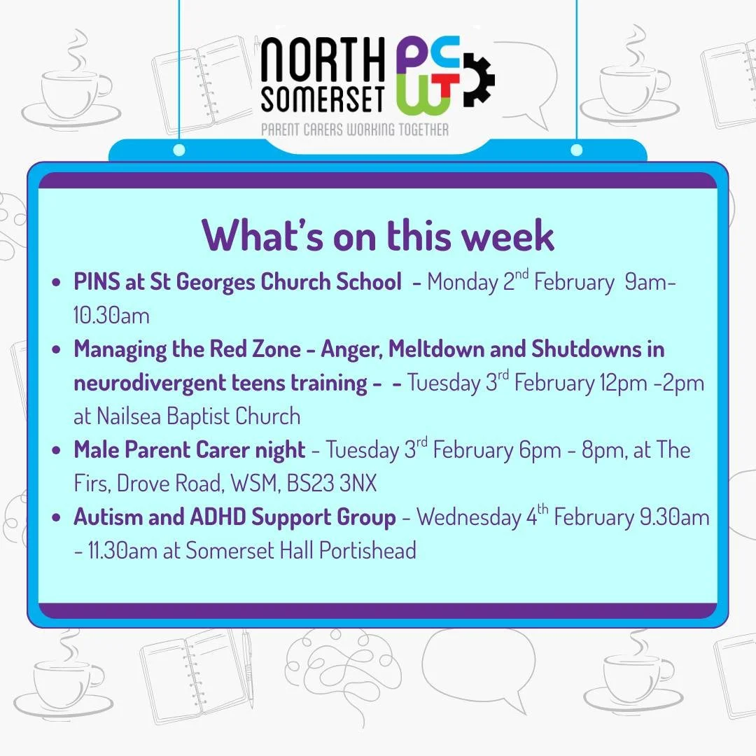 👀🤩🗓️ Coming Up in the Week Ahead!

☕ Peer Support meetings are drop-in sessions &mdash; no need to book!
(If a session is held at a school, it&rsquo;s just for Parent Carers with children attending that school.)

🧠 All our training sessions are f