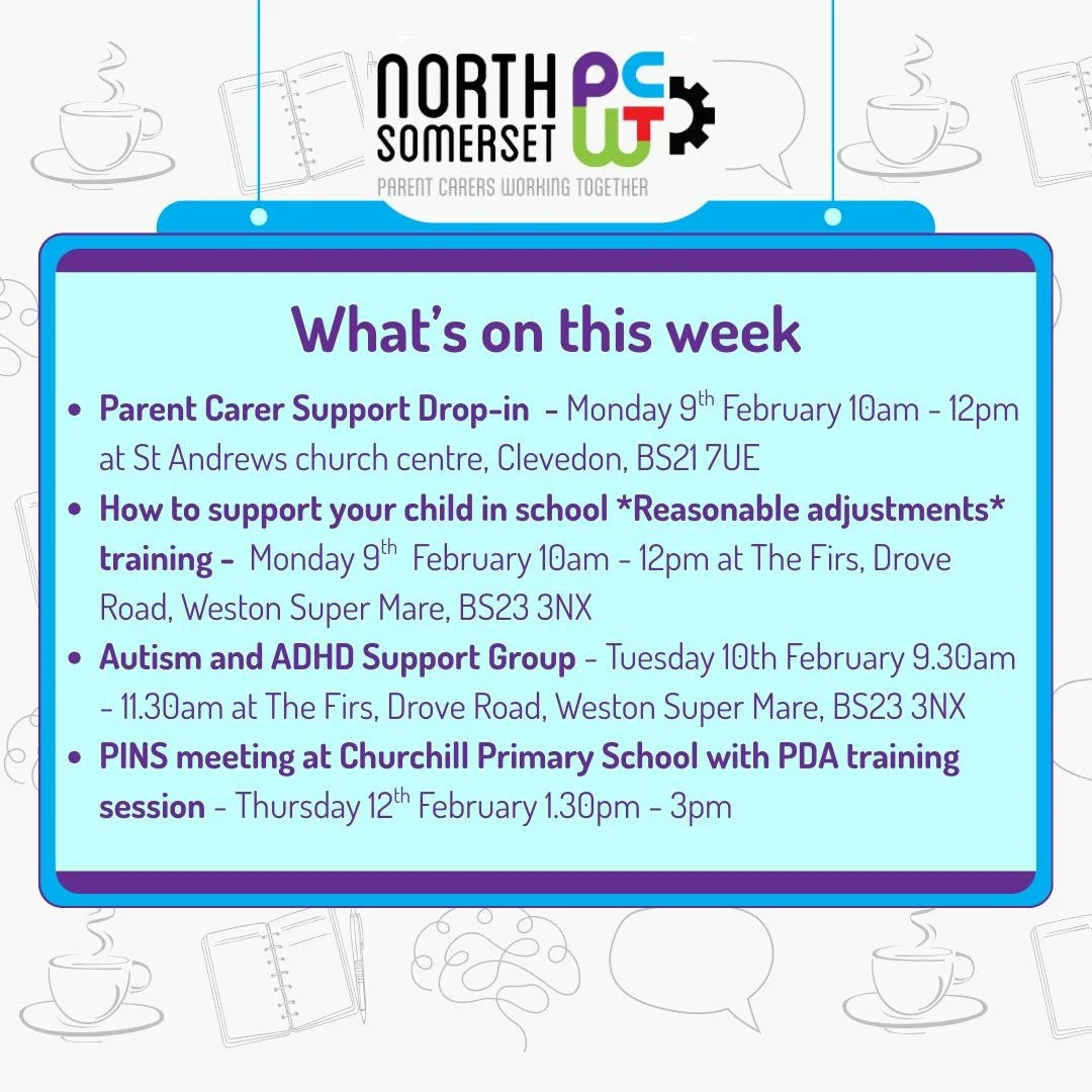 👀🤩🗓️ Coming Up in the Week Ahead!

☕ Peer Support Coffees are drop-in sessions &mdash; no need to book!
(If a session is held at a school, it&rsquo;s just for Parent Carers with children attending that school.)

🧠 All our training sessions are fr